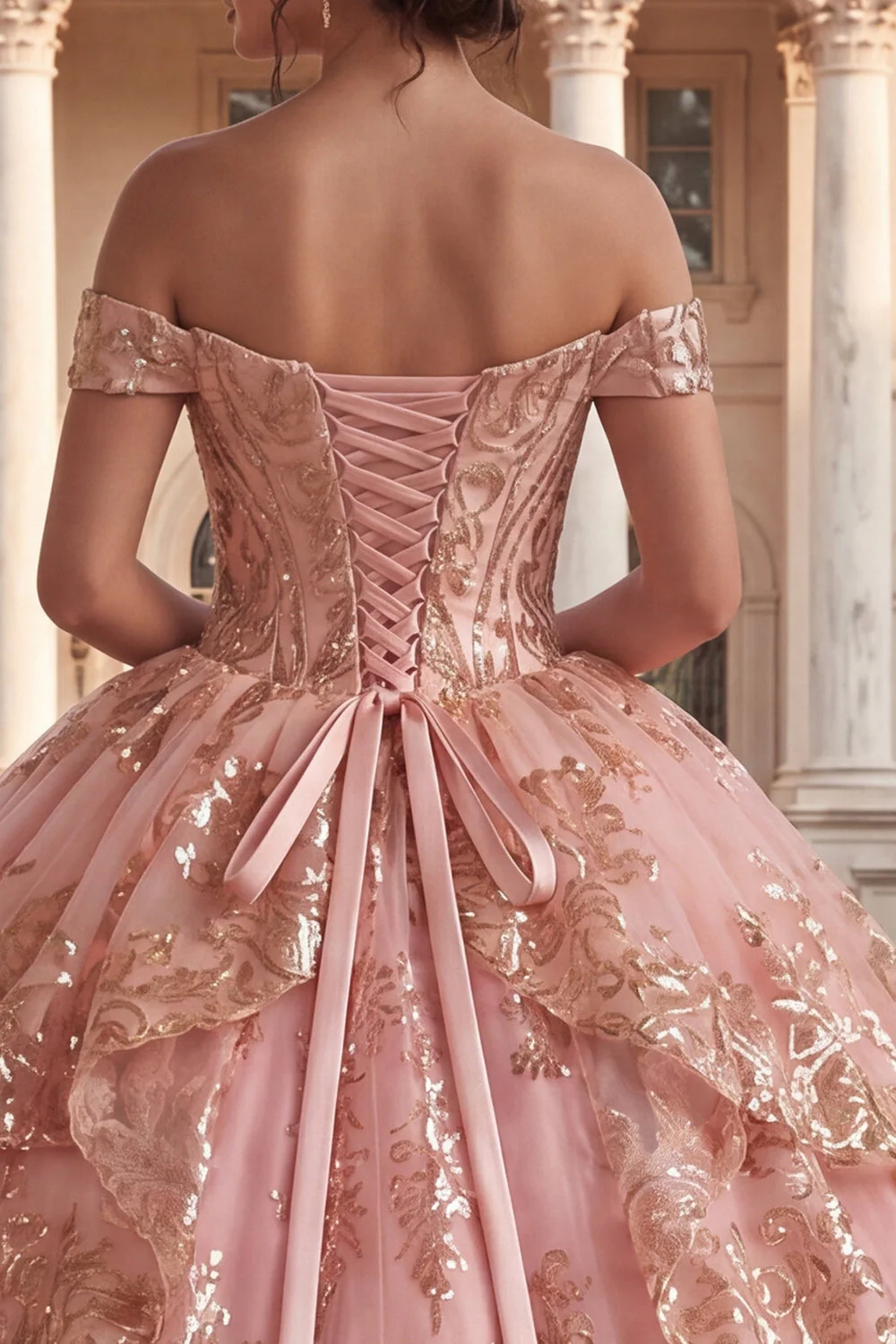 Off the Shoulder Pink Ruffled Ball Gown Quinceanera Dress with Sequins - Image 4