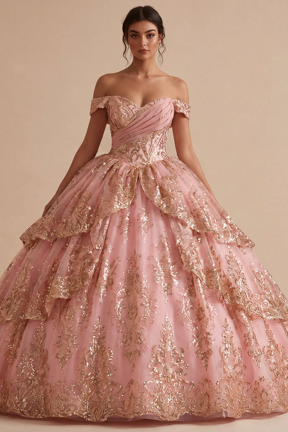Off the Shoulder Pink Ruffled Ball Gown Quinceanera Dress with Sequins - Image 5