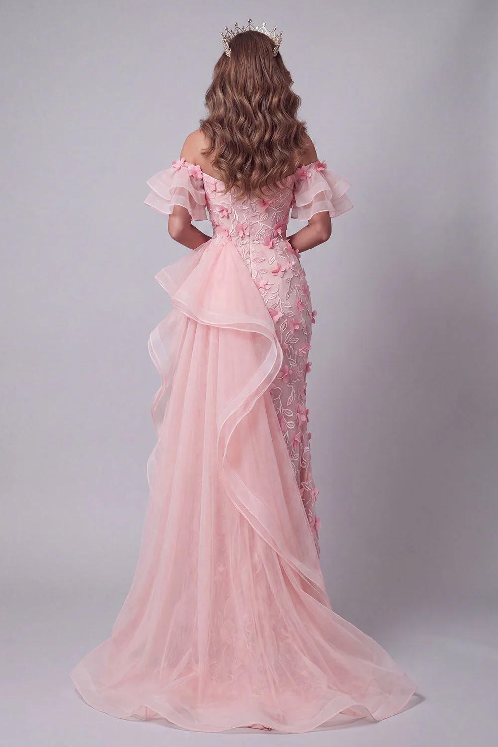 Off The Shoulder Pink Ruffled Mermaid Evening Dress with Slit - Image 2