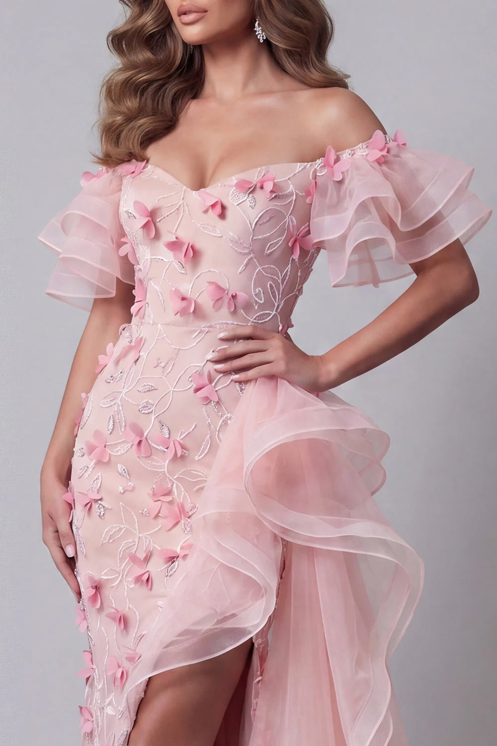 Off The Shoulder Pink Ruffled Mermaid Evening Dress with Slit - Image 3