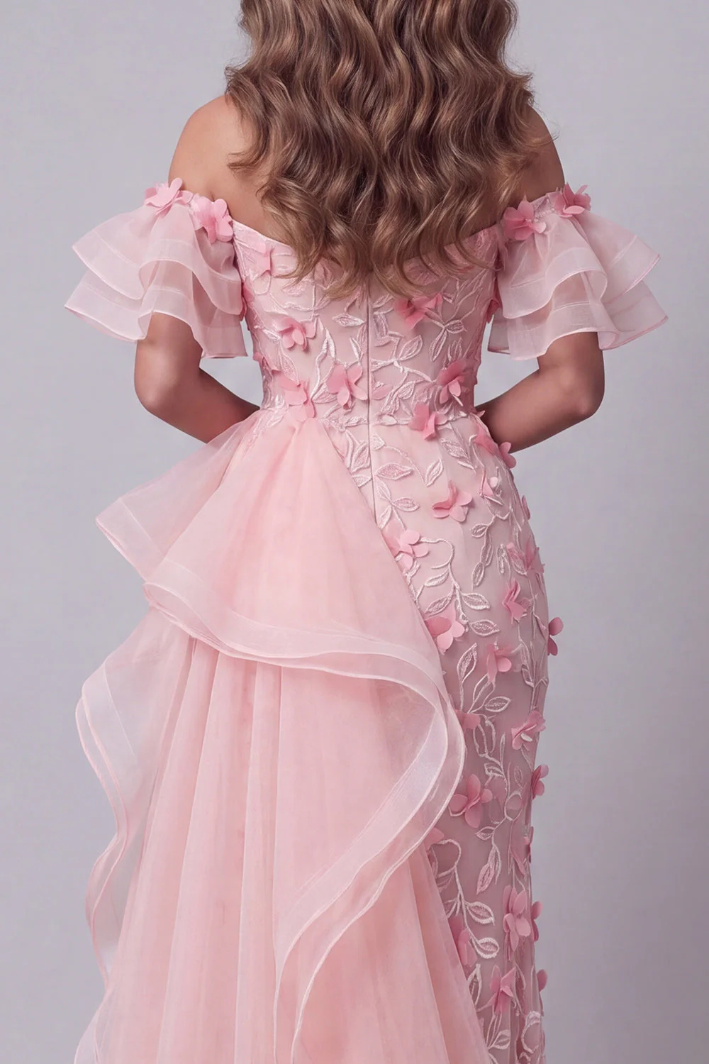 Off The Shoulder Pink Ruffled Mermaid Evening Dress with Slit - Image 4