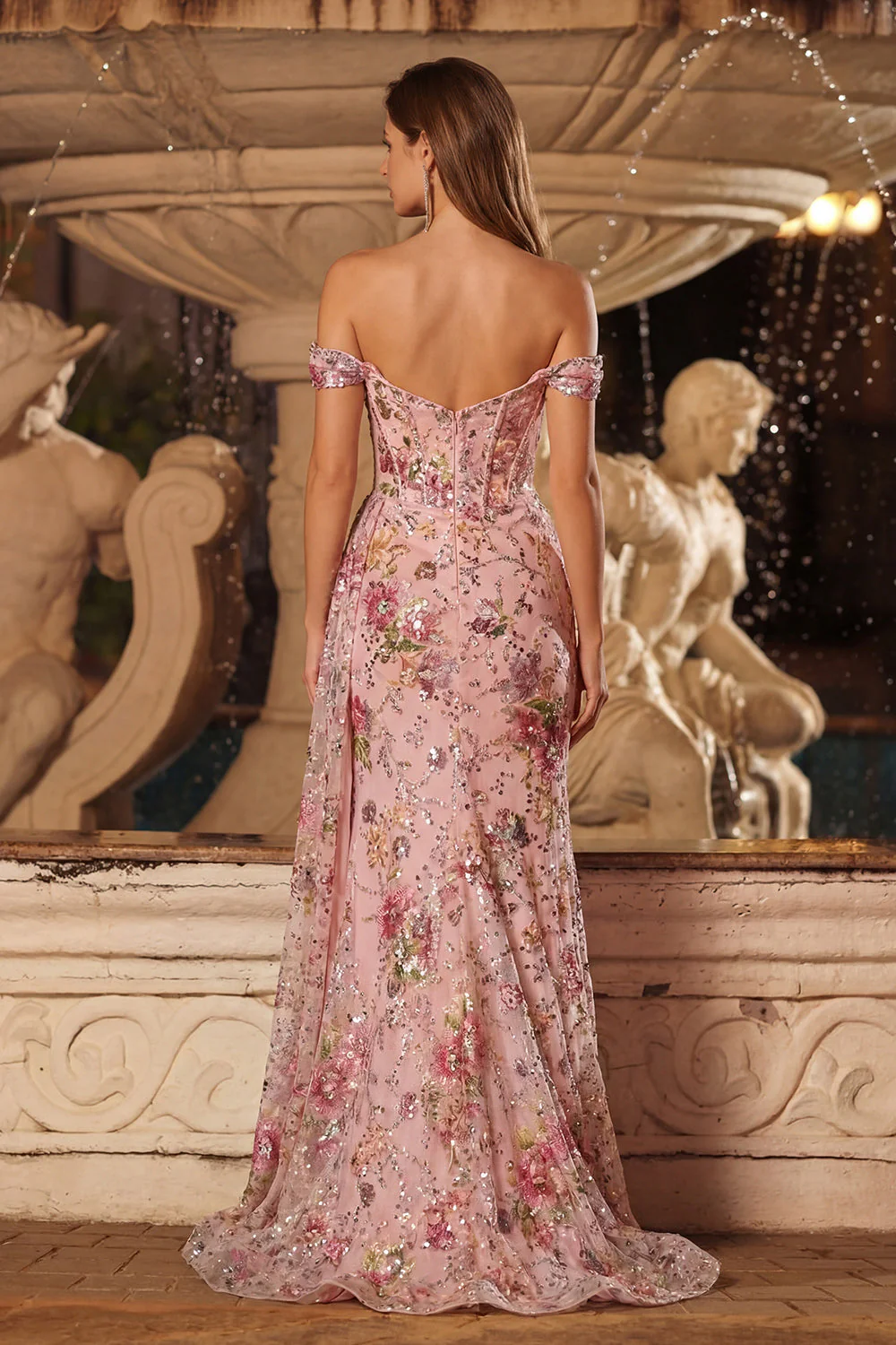 Off The Shoulder Pink Sequins Corset Mermaid Long Prom Dress with Slit - Image 2