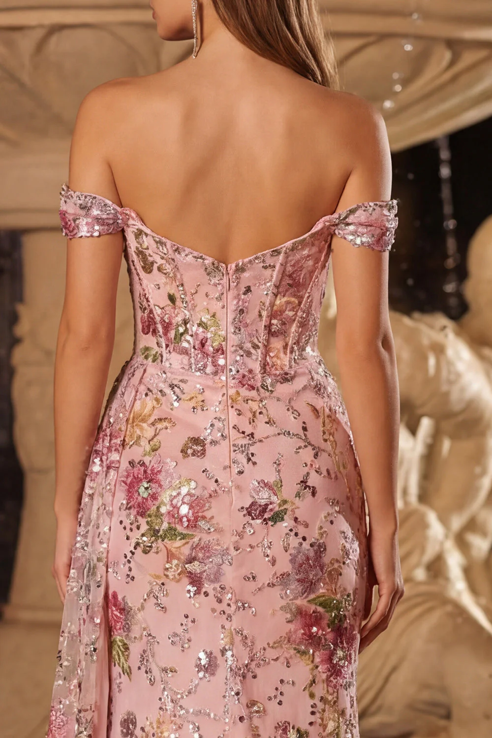 Off The Shoulder Pink Sequins Corset Mermaid Long Prom Dress with Slit - Image 4