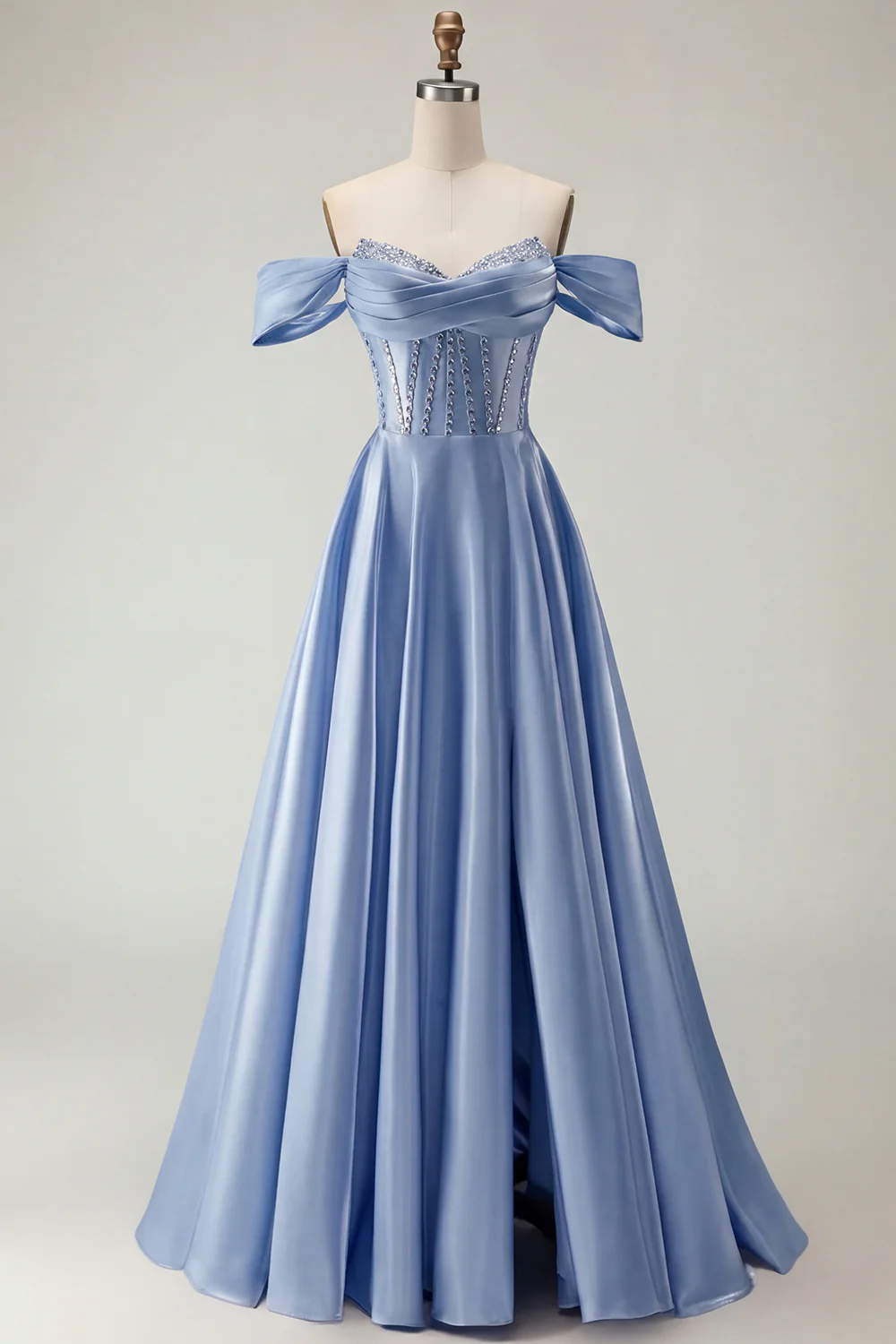 Off The Shoulder Beaded A Line Purple Corset Long Prom Dress with Slit - Image 23