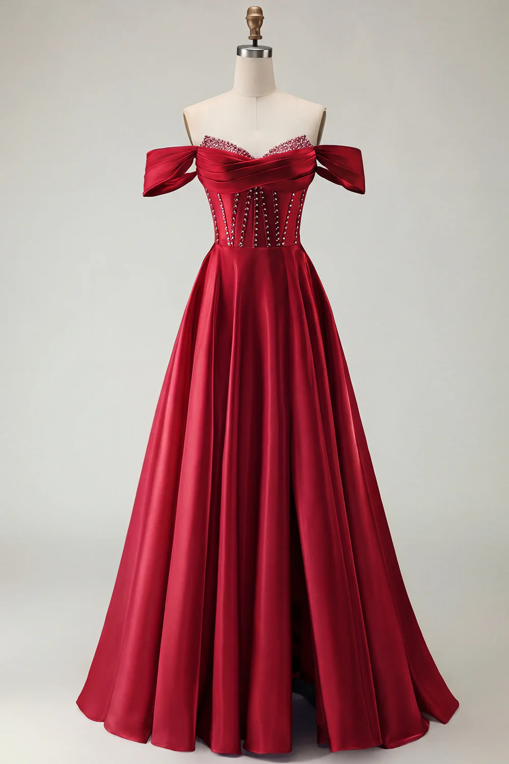 Off The Shoulder Beaded A Line Purple Corset Long Prom Dress with Slit - Image 21