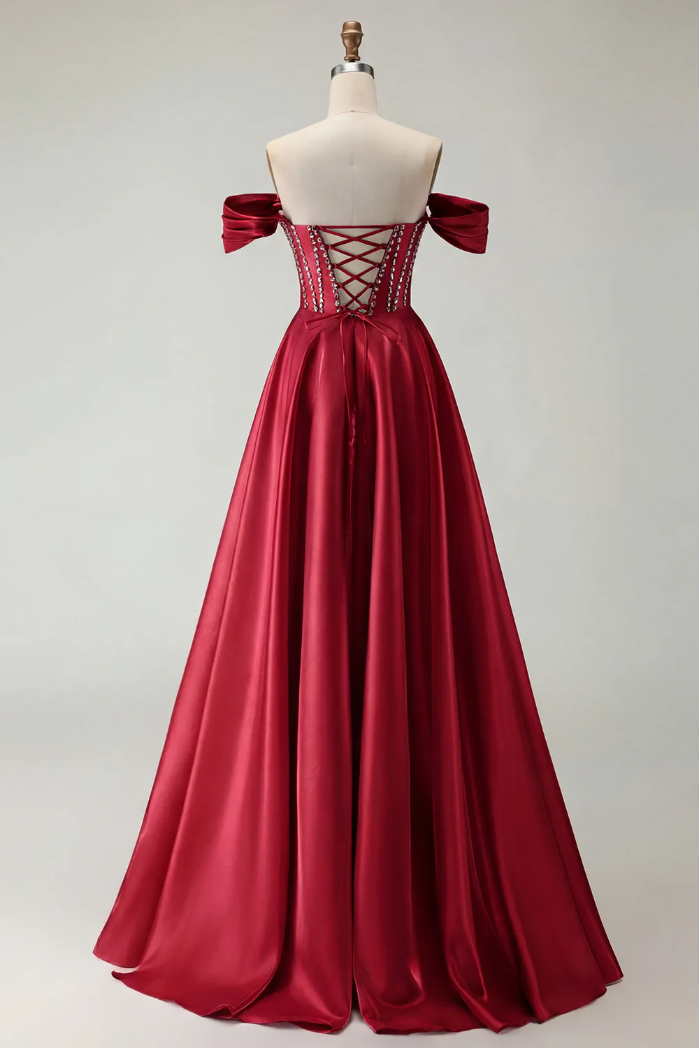 Off The Shoulder Beaded A Line Purple Corset Long Prom Dress with Slit - Image 22