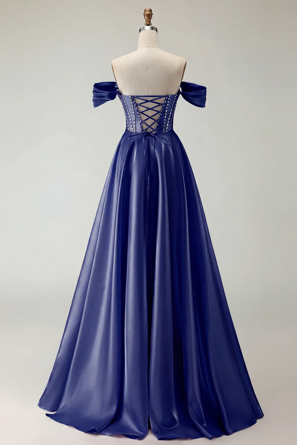 Off The Shoulder Beaded A Line Purple Corset Long Prom Dress with Slit - Image 20