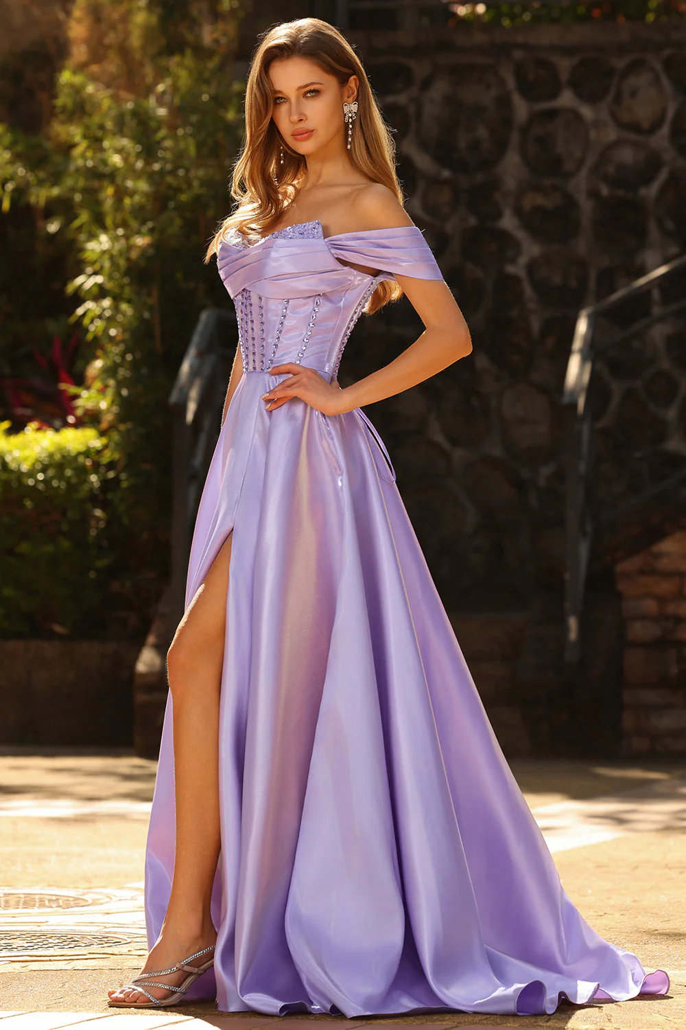 Off The Shoulder Purple Beaded A Line Long Satin Prom Dress with Slit - Image 6