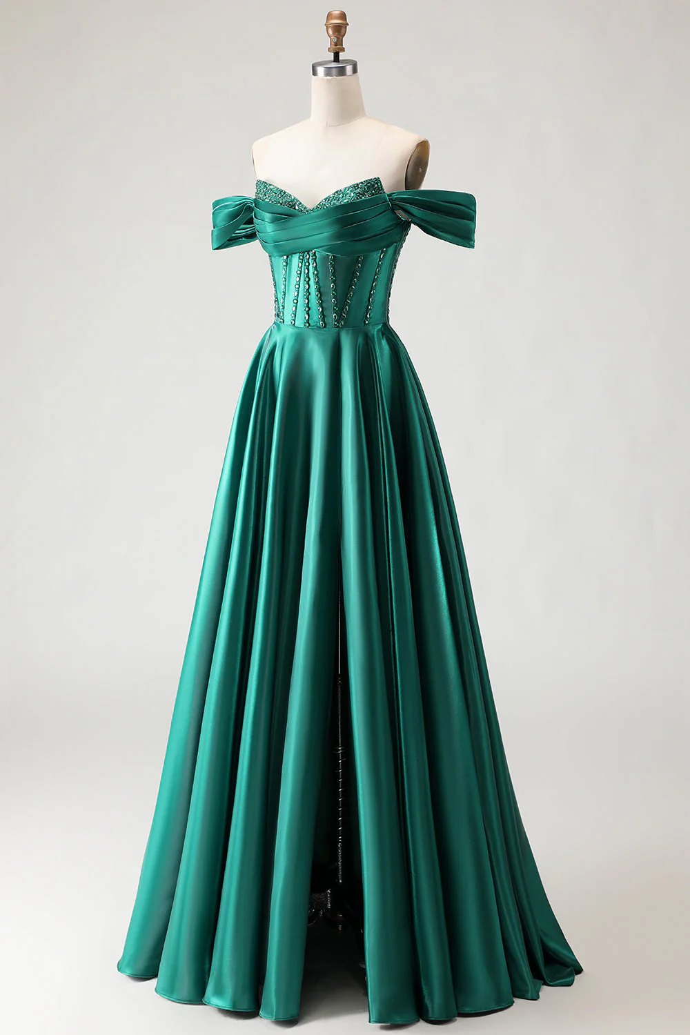 Off The Shoulder Purple Beaded A Line Long Satin Prom Dress with Slit - Image 9
