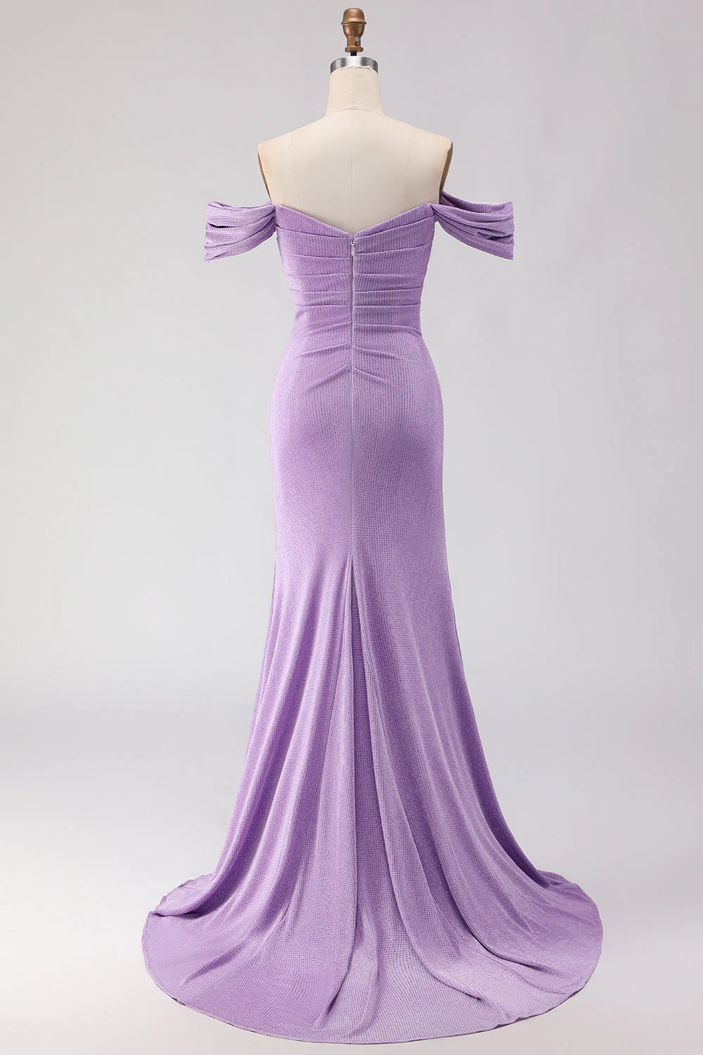 Off The Shoulder Ruched Mermaid Beaded  Purple Long Prom Dress with Slit - Image 2