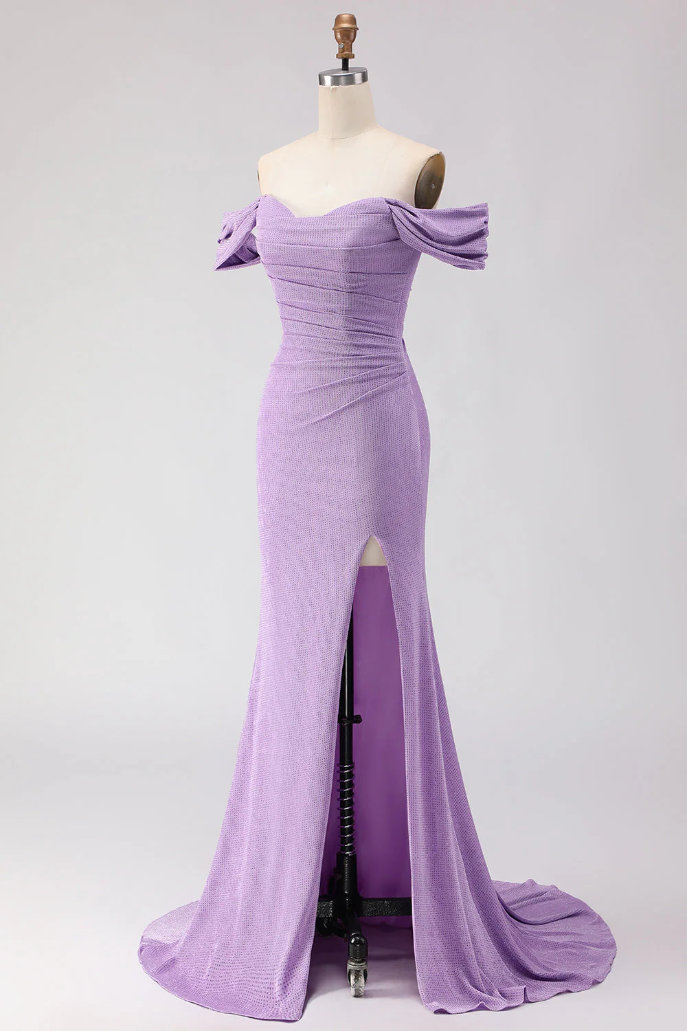 Off The Shoulder Ruched Mermaid Beaded  Purple Long Prom Dress with Slit - Image 3