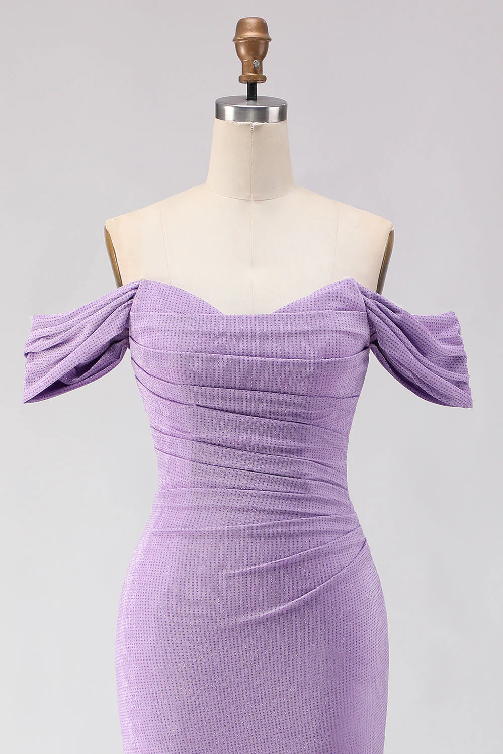 Off The Shoulder Ruched Mermaid Beaded  Purple Long Prom Dress with Slit - Image 4
