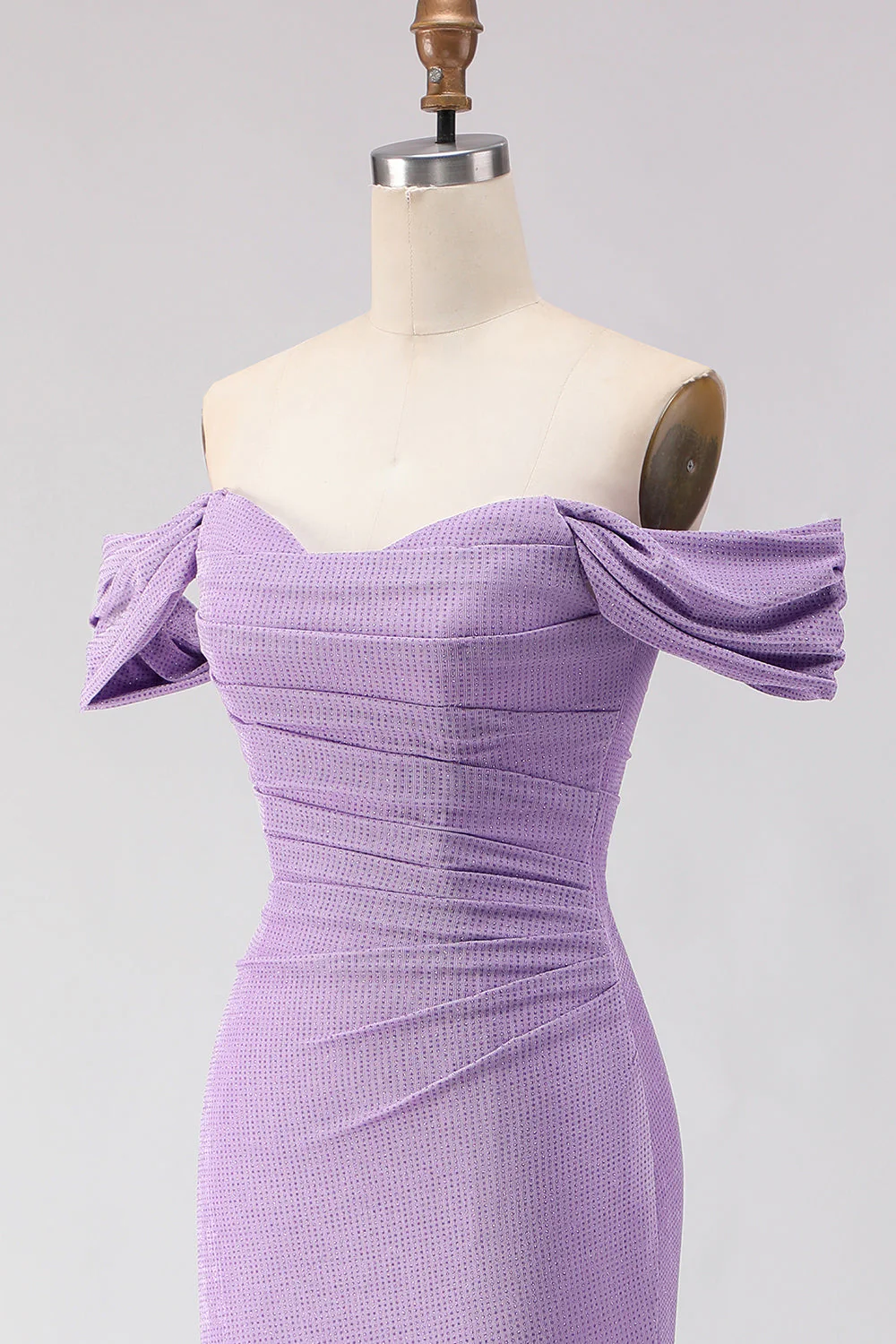 Off The Shoulder Ruched Mermaid Beaded  Purple Long Prom Dress with Slit - Image 6