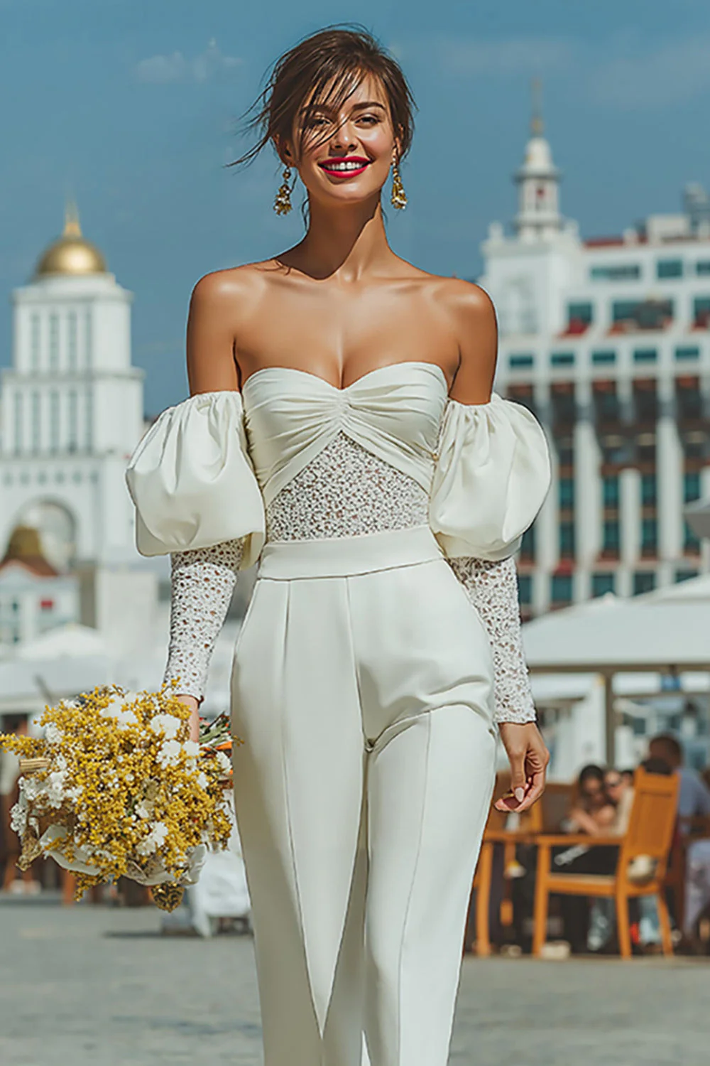 Off The Shoulder Ruched White Lace Wedding Jumpsuits - Image 2