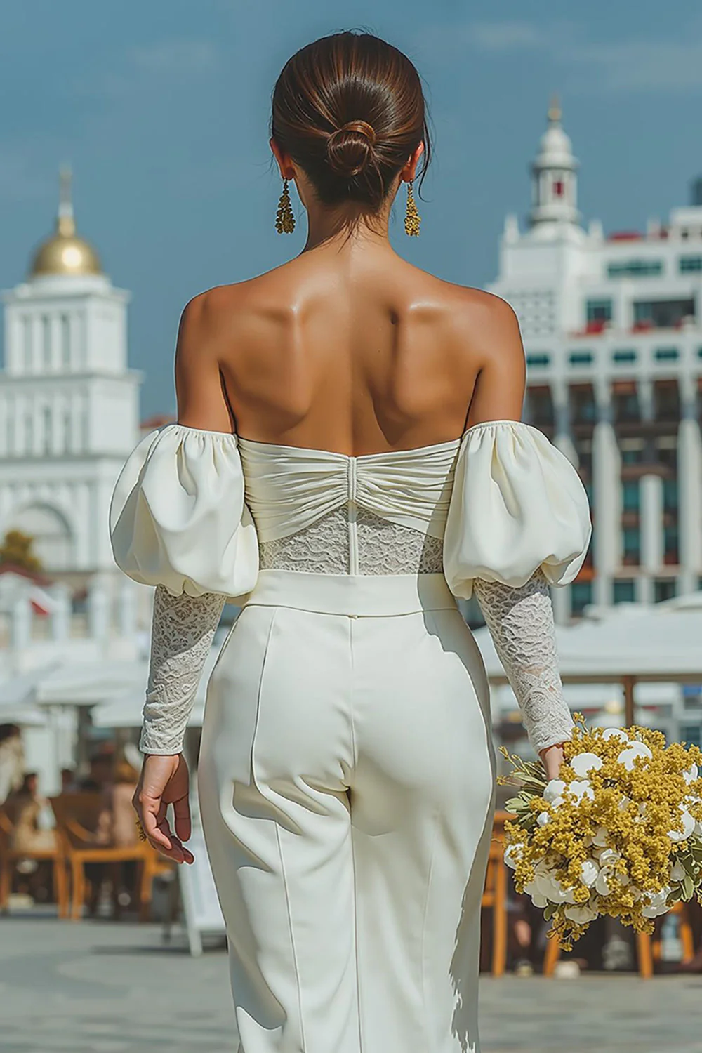 Off The Shoulder Ruched White Lace Wedding Jumpsuits - Image 3