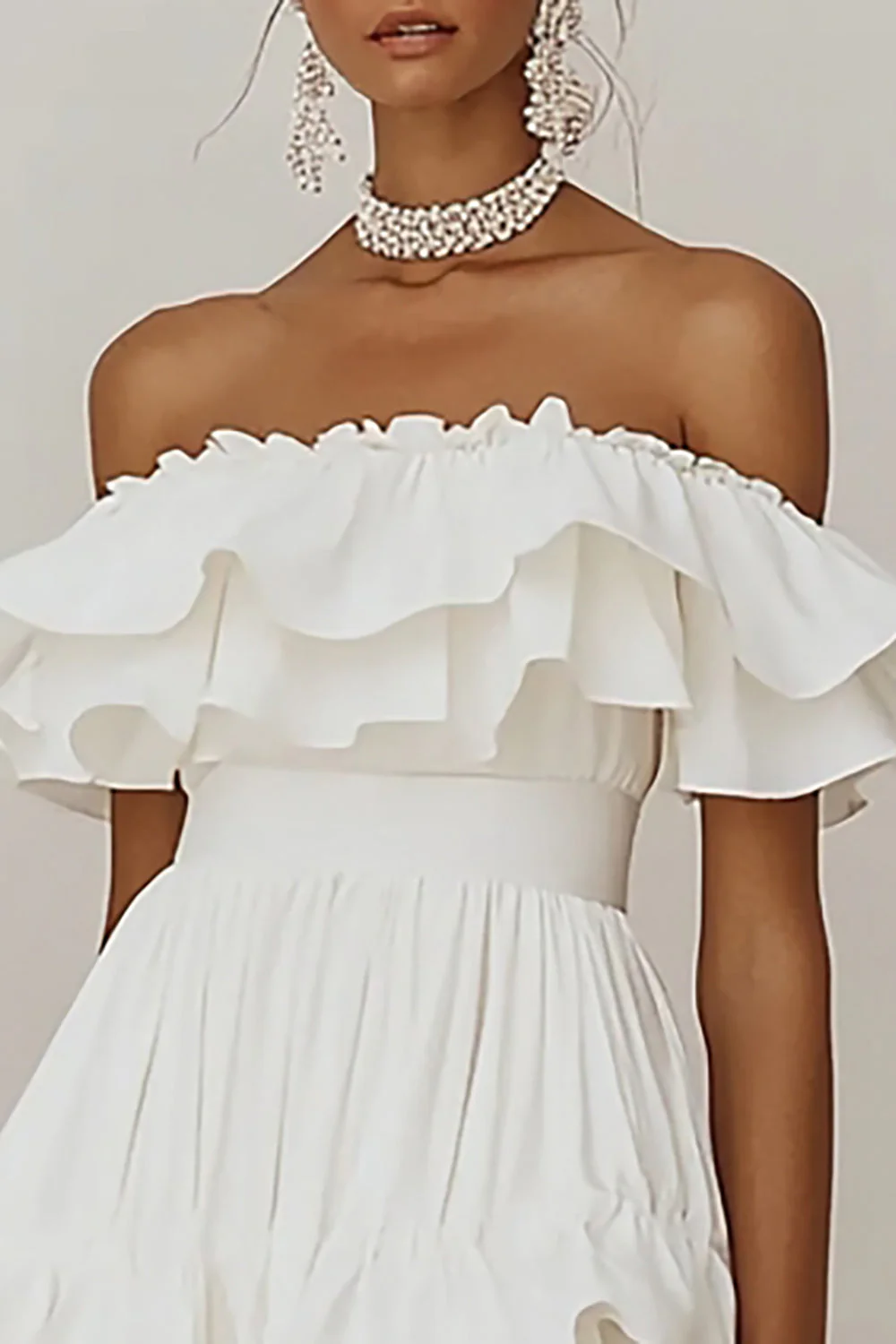 Off The Shoulder Ruffled A Line White Graduation Dress - Image 2