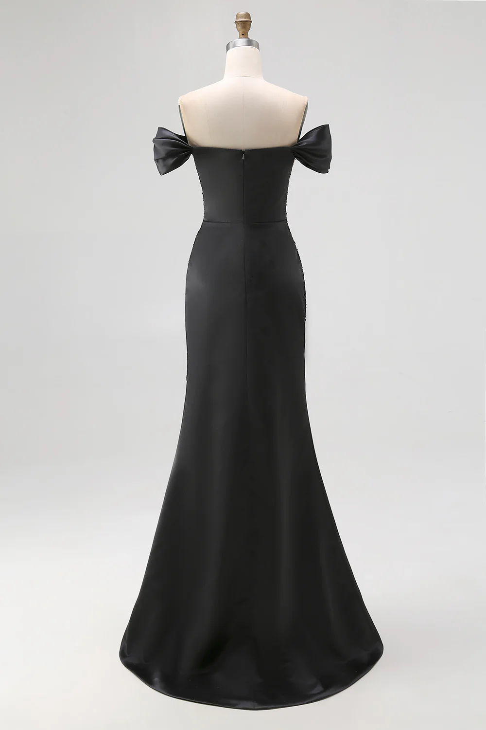 Off The Shoulder Satin Sequin Mermaid Black Tie Dress with Slit - Image 2