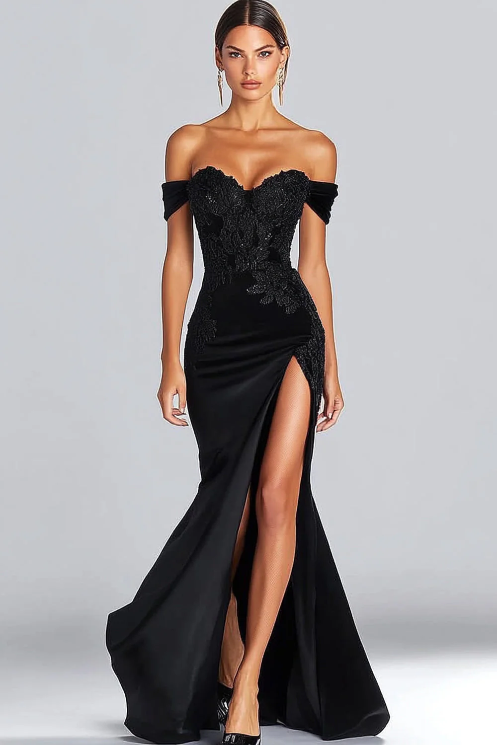Off The Shoulder Satin Sequin Mermaid Black Tie Dress with Slit - Image 3