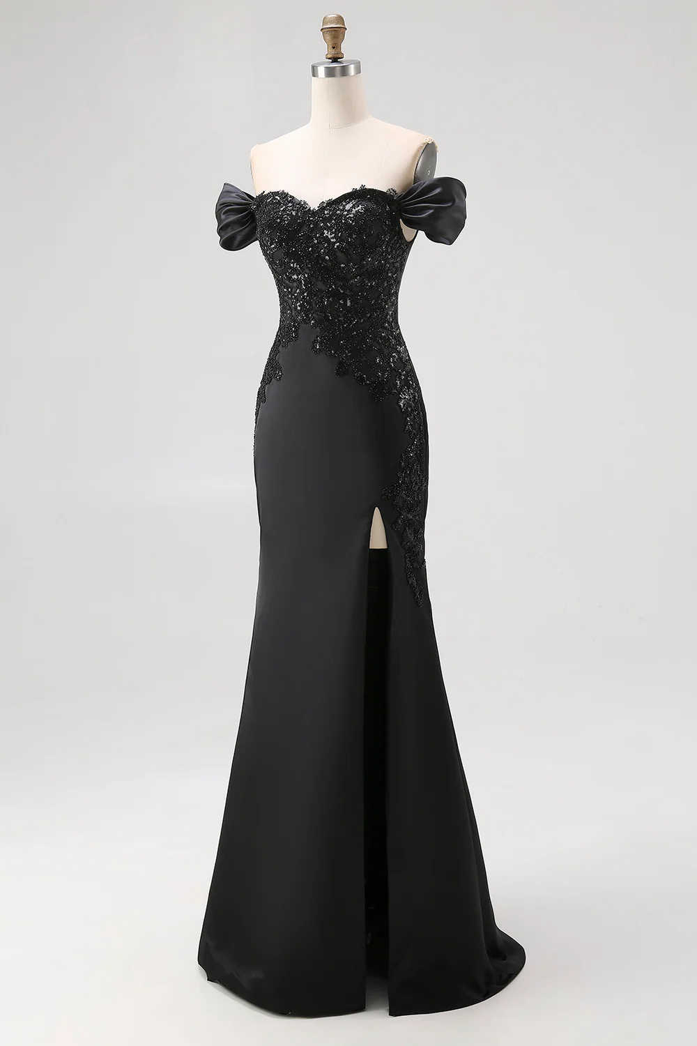 Off The Shoulder Satin Sequin Mermaid Black Tie Dress with Slit - Image 4
