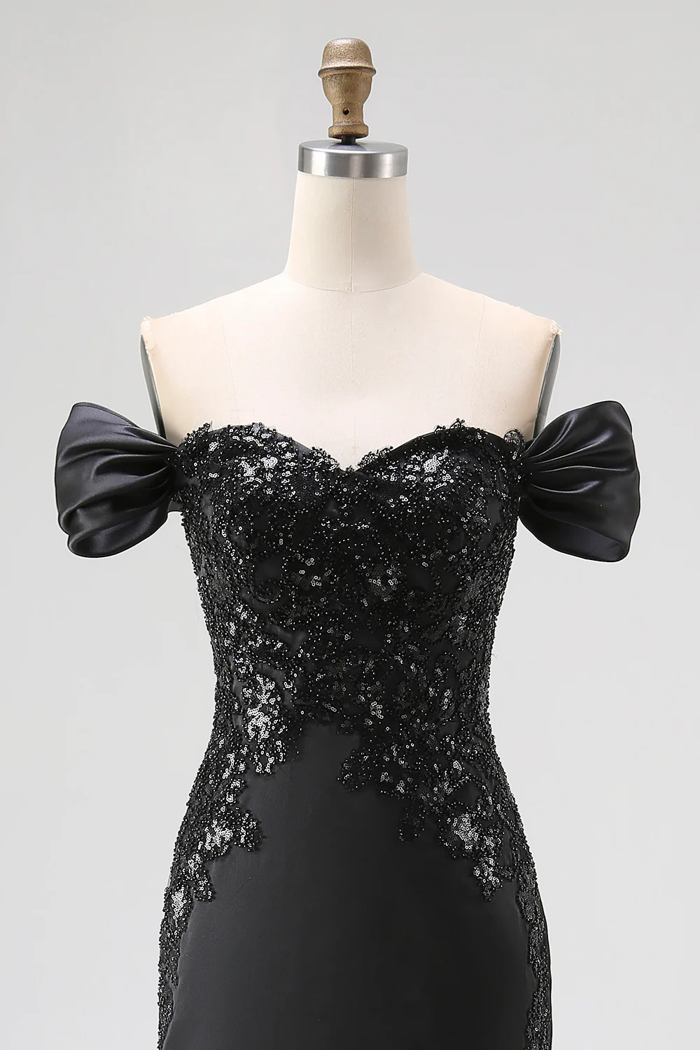 Off The Shoulder Satin Sequin Mermaid Black Tie Dress with Slit - Image 5