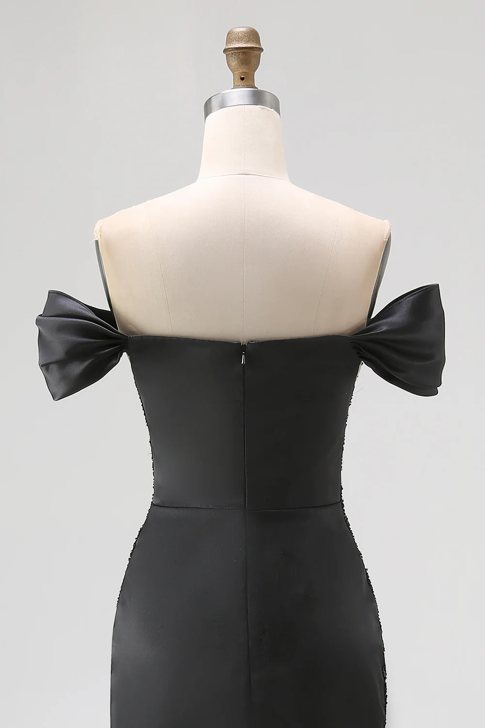 Off The Shoulder Satin Sequin Mermaid Black Tie Dress with Slit - Image 6