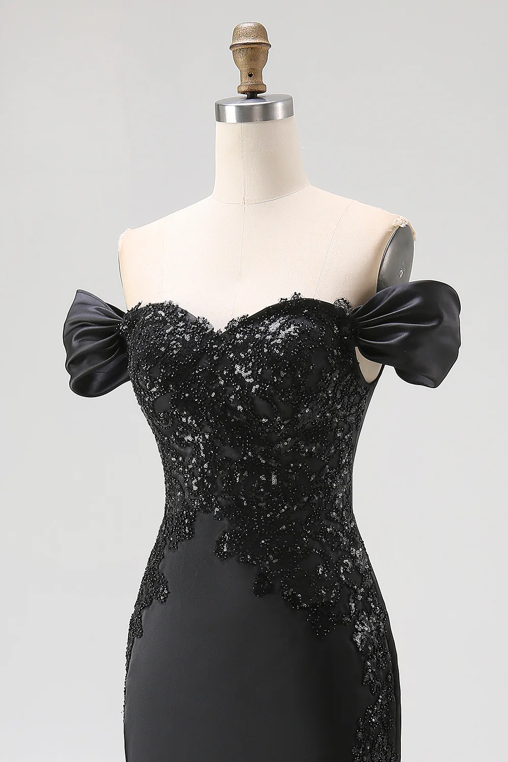 Off The Shoulder Satin Sequin Mermaid Black Tie Dress with Slit - Image 7