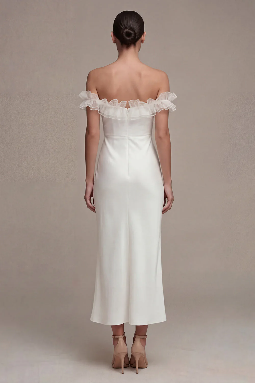 Off the Shoulder Satin Sheath Long White Reception Dress with Ruffles - Image 2