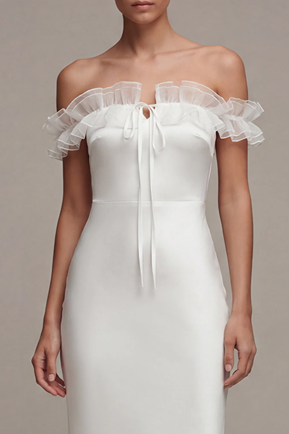 Off the Shoulder Satin Sheath Long White Reception Dress with Ruffles - Image 3
