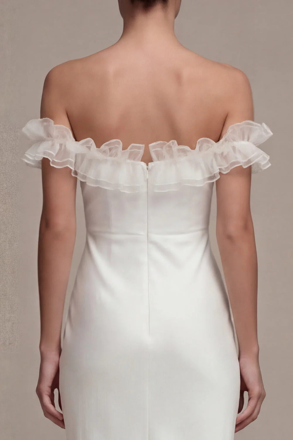 Off the Shoulder Satin Sheath Long White Reception Dress with Ruffles - Image 4