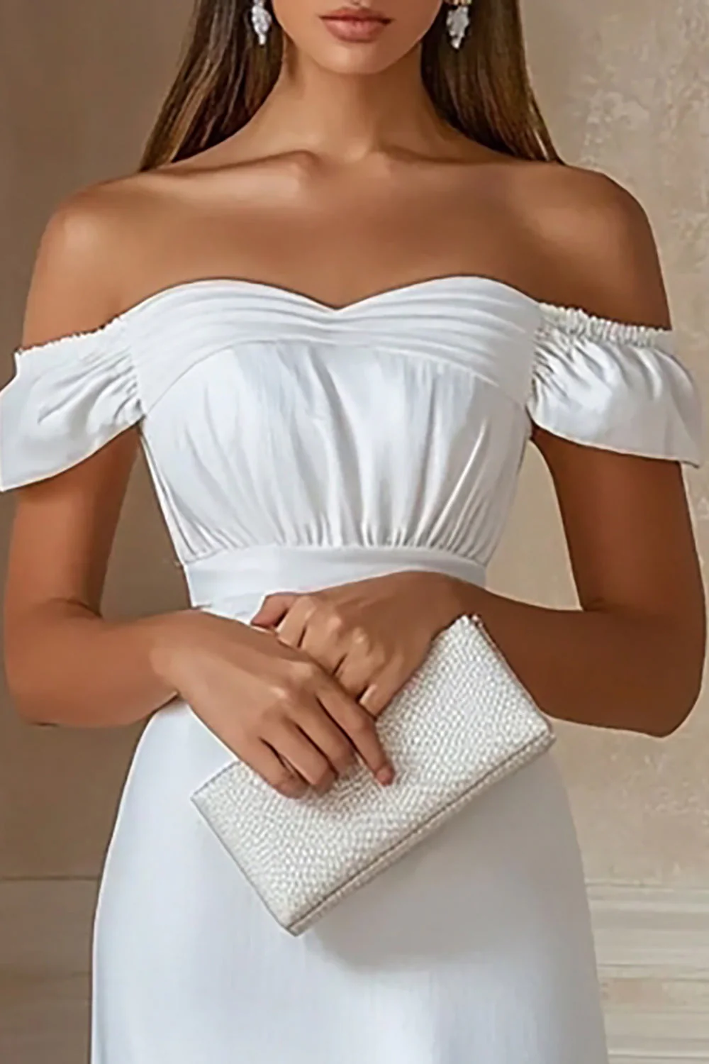 Off The Shoulder Satin Sheath White Graduation Dress - Image 2