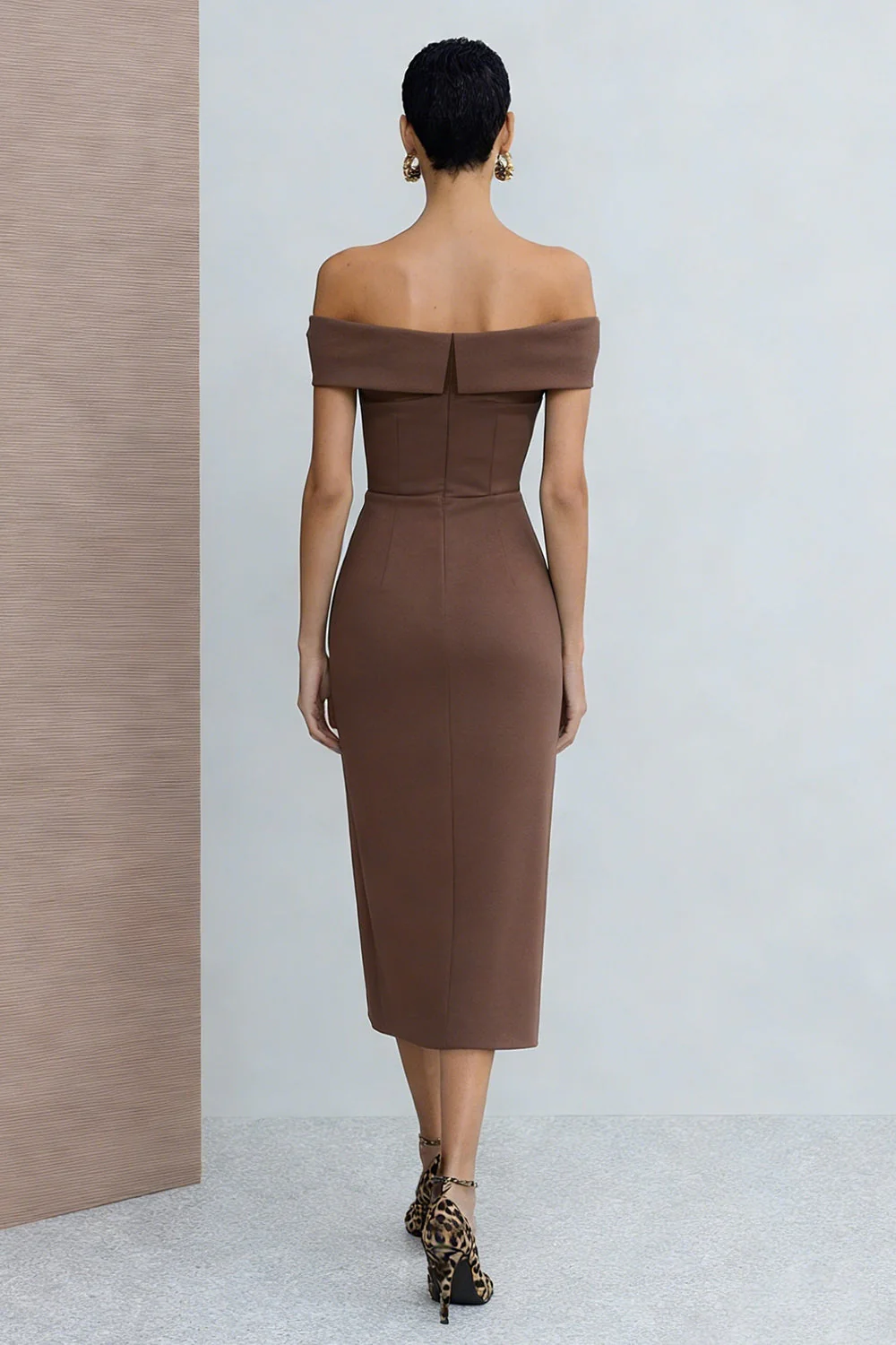 Off The Shoulder Sheath Brown Satin Midi Work Dress with Slit - Image 2