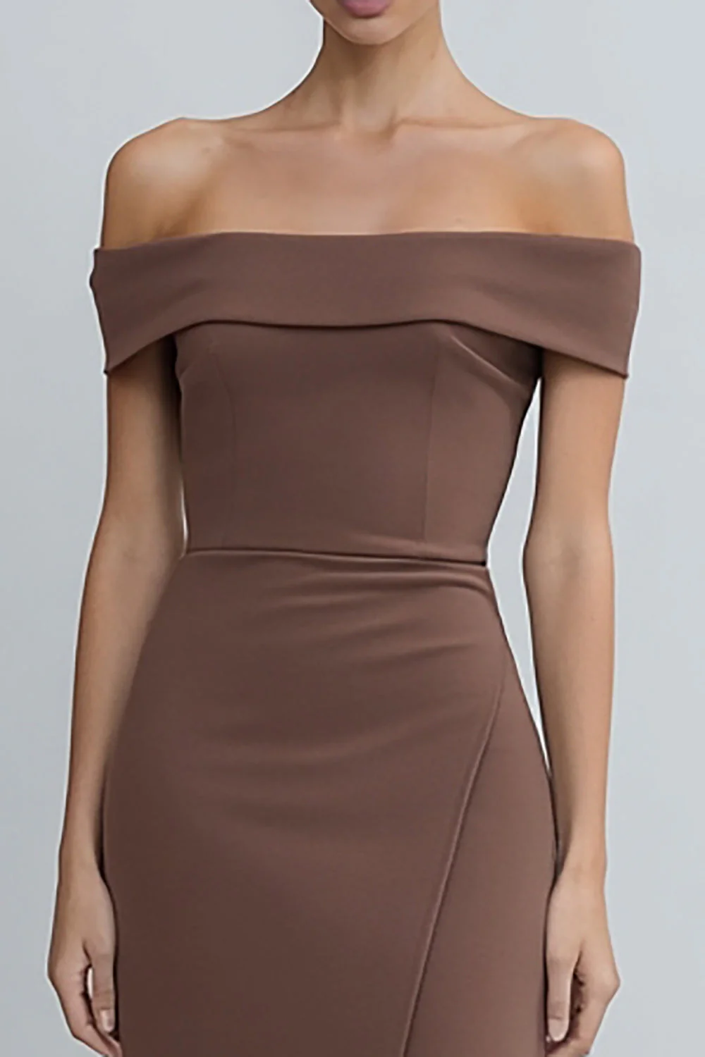 Off The Shoulder Sheath Brown Satin Midi Work Dress with Slit - Image 3
