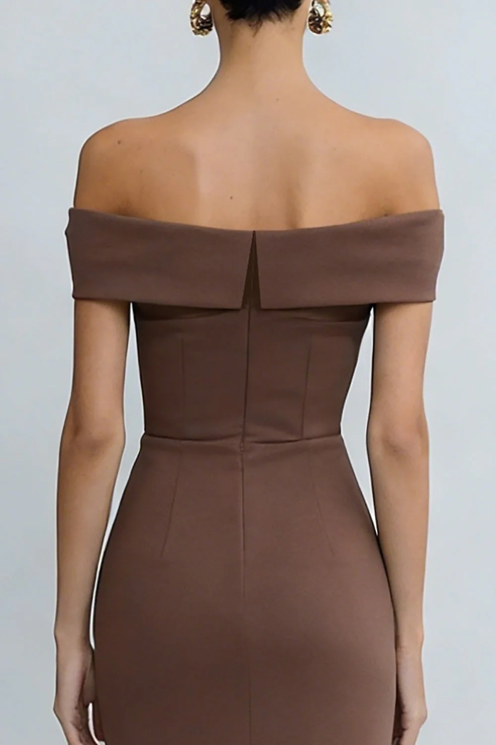 Off The Shoulder Sheath Brown Satin Midi Work Dress with Slit - Image 4