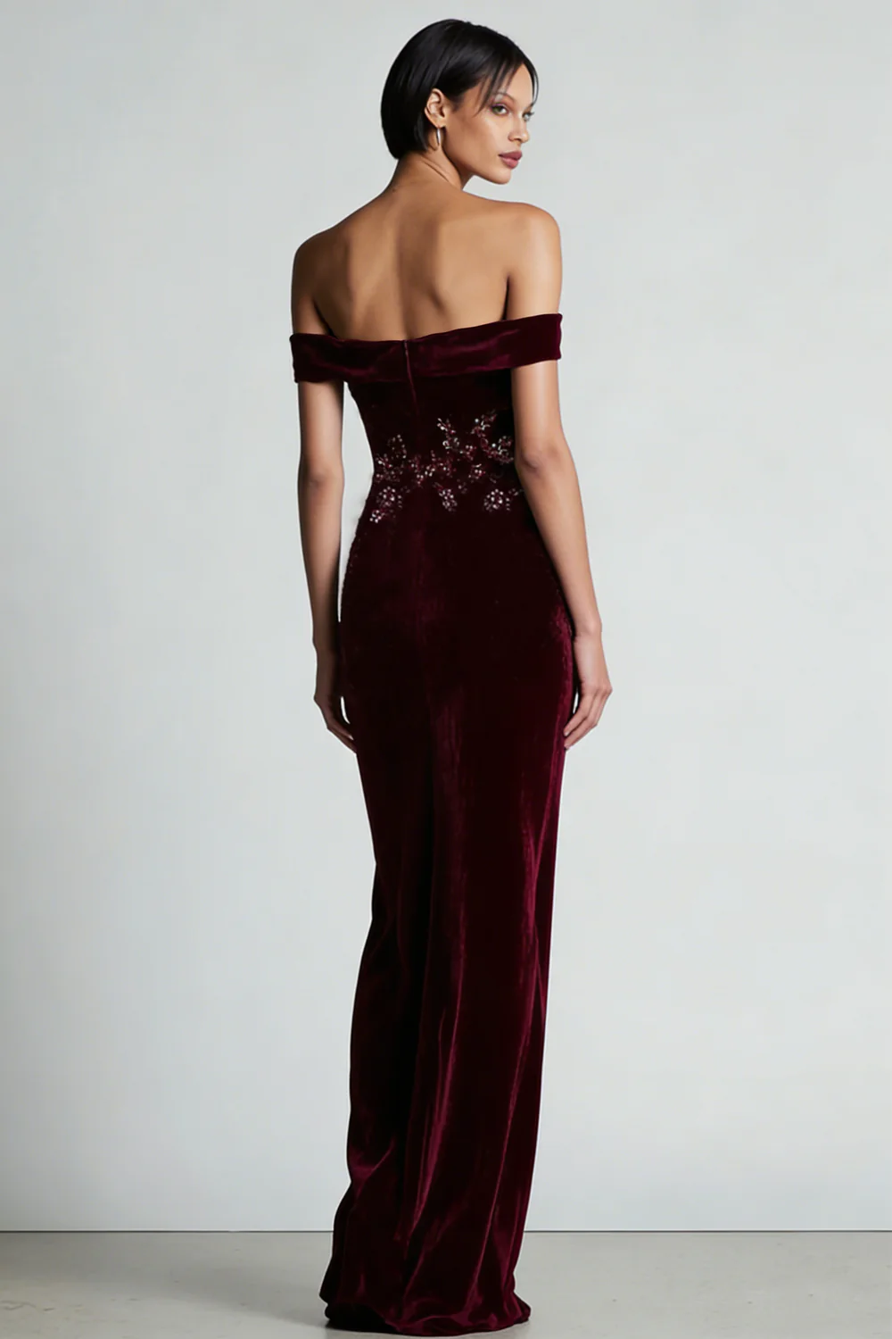 Off the Shoulder Velvet Burgundy Beaded Long Evening Dress - Image 2