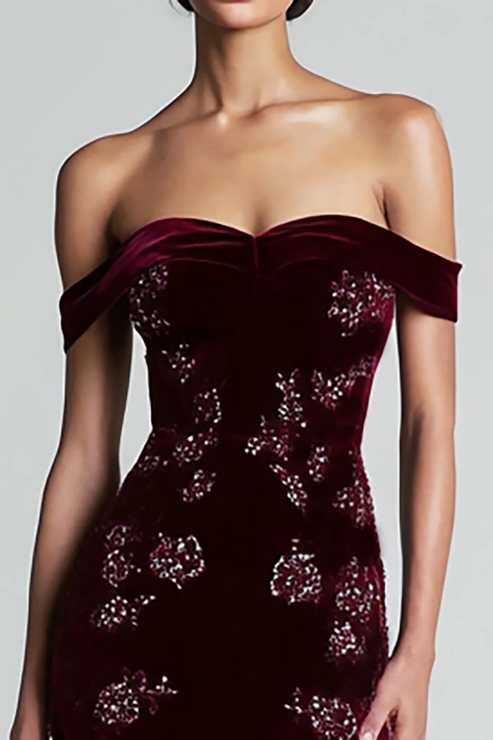 Off the Shoulder Velvet Burgundy Beaded Long Evening Dress - Image 3