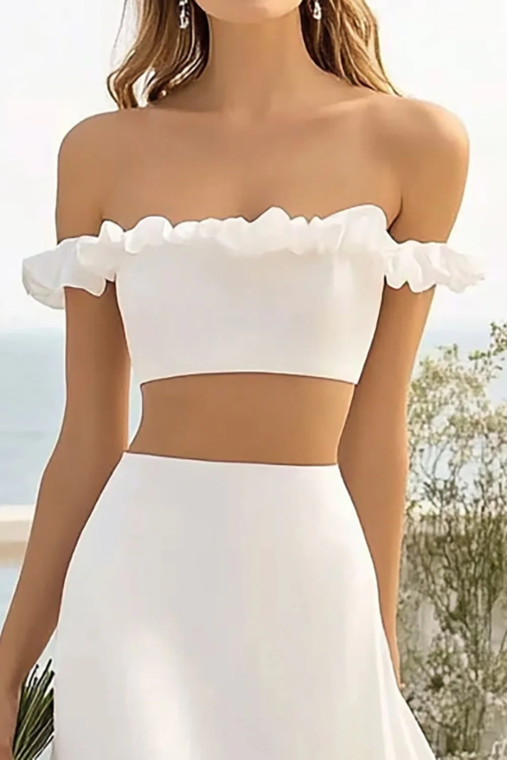 Off The Shoulder White 2 Piece Ruffled Wedding Dress with Slit - Image 2