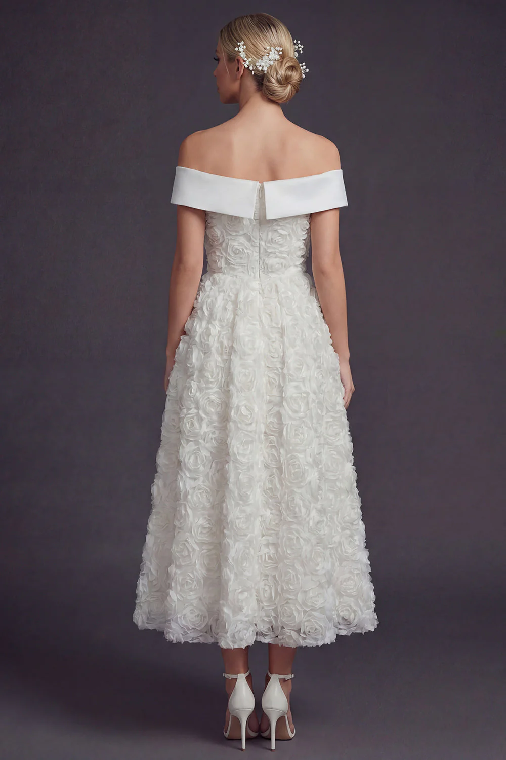 Off The Shoulder White 3D Flowers A Line Long Wedding Dress - Image 2