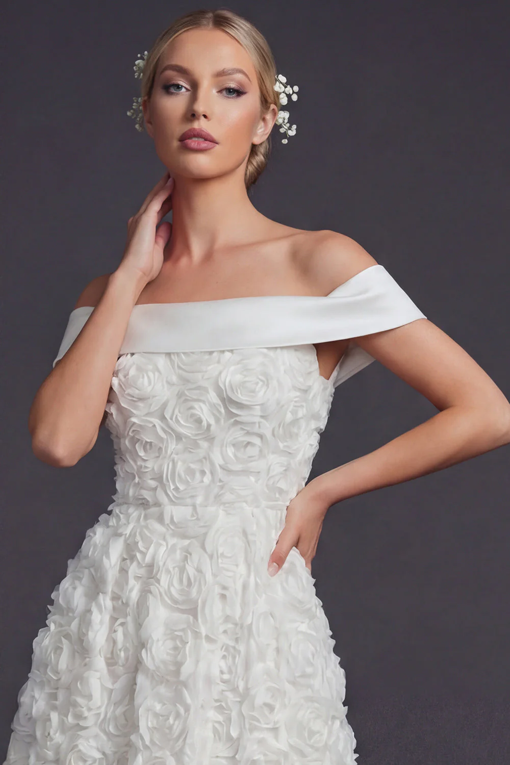 Off The Shoulder White 3D Flowers A Line Long Wedding Dress - Image 3