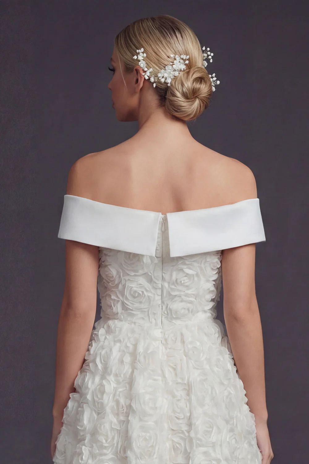 Off The Shoulder White 3D Flowers A Line Long Wedding Dress - Image 4