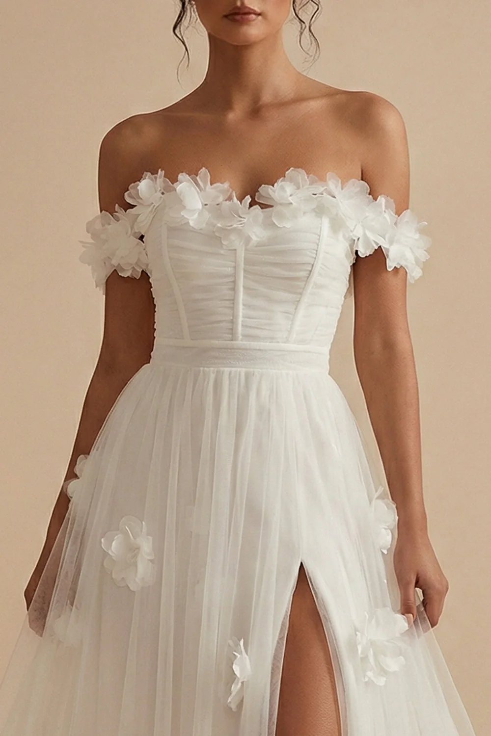 Off the Shoulder White A-Line Corset Engagement Dress with Slit - Image 3