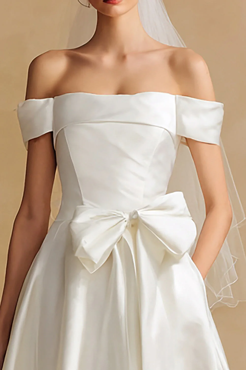 Off The Shoulder White A Line Courthouse Wedding Dress with Bow - Image 2