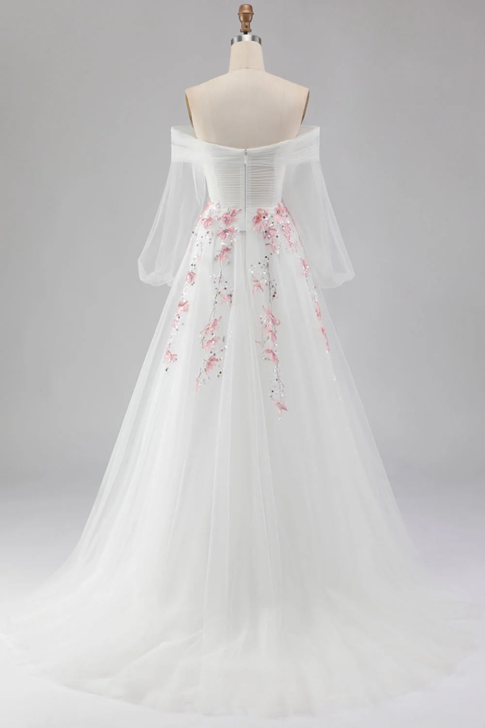 Off The Shoulder White A-Line Embroidered Tulle Long Prom Dress with Sequins - Image 2