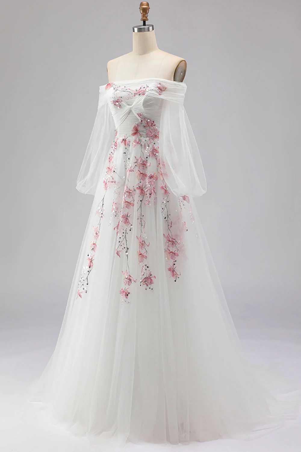 Off The Shoulder White A-Line Embroidered Tulle Long Prom Dress with Sequins - Image 3