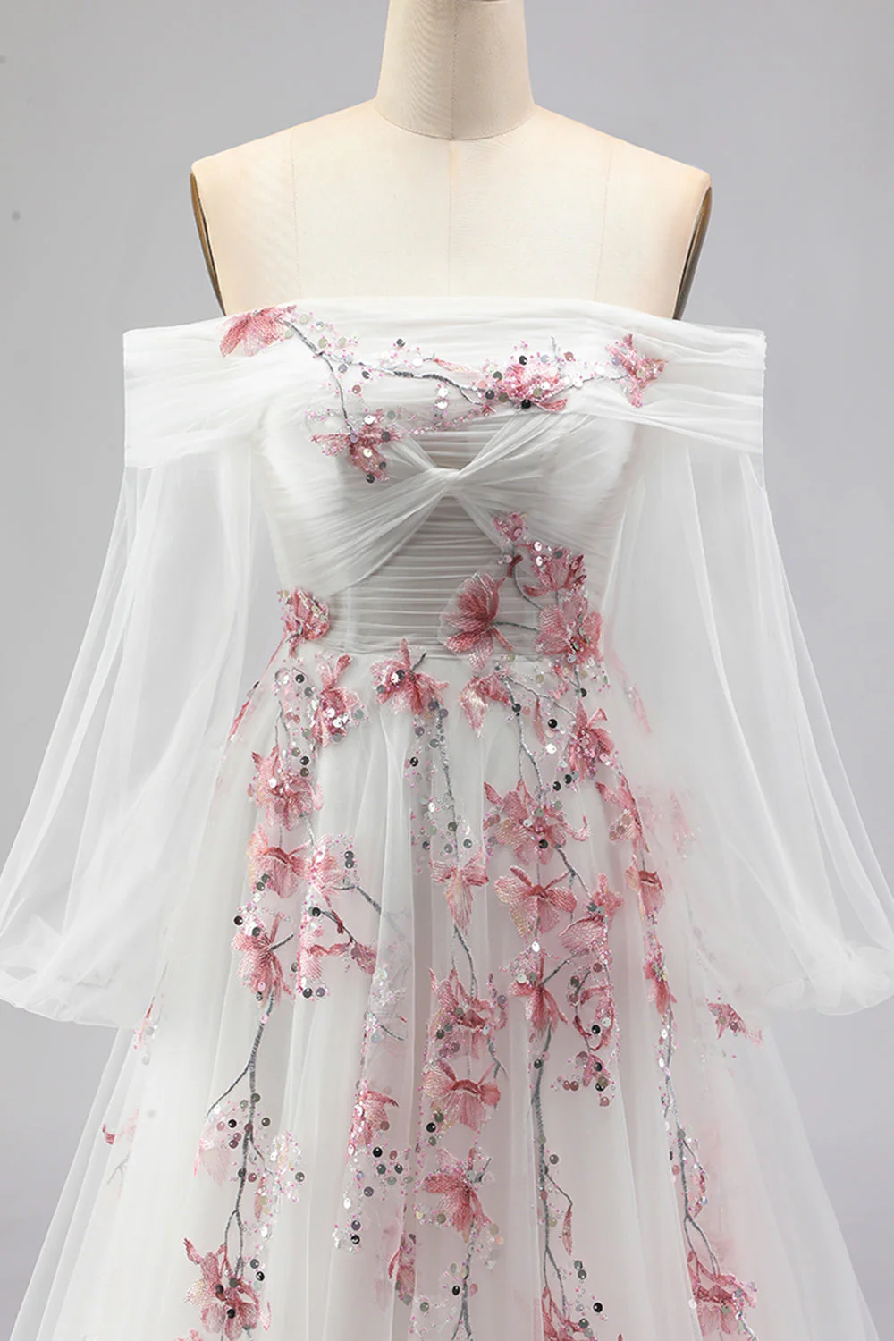 Off The Shoulder White A-Line Embroidered Tulle Long Prom Dress with Sequins - Image 4