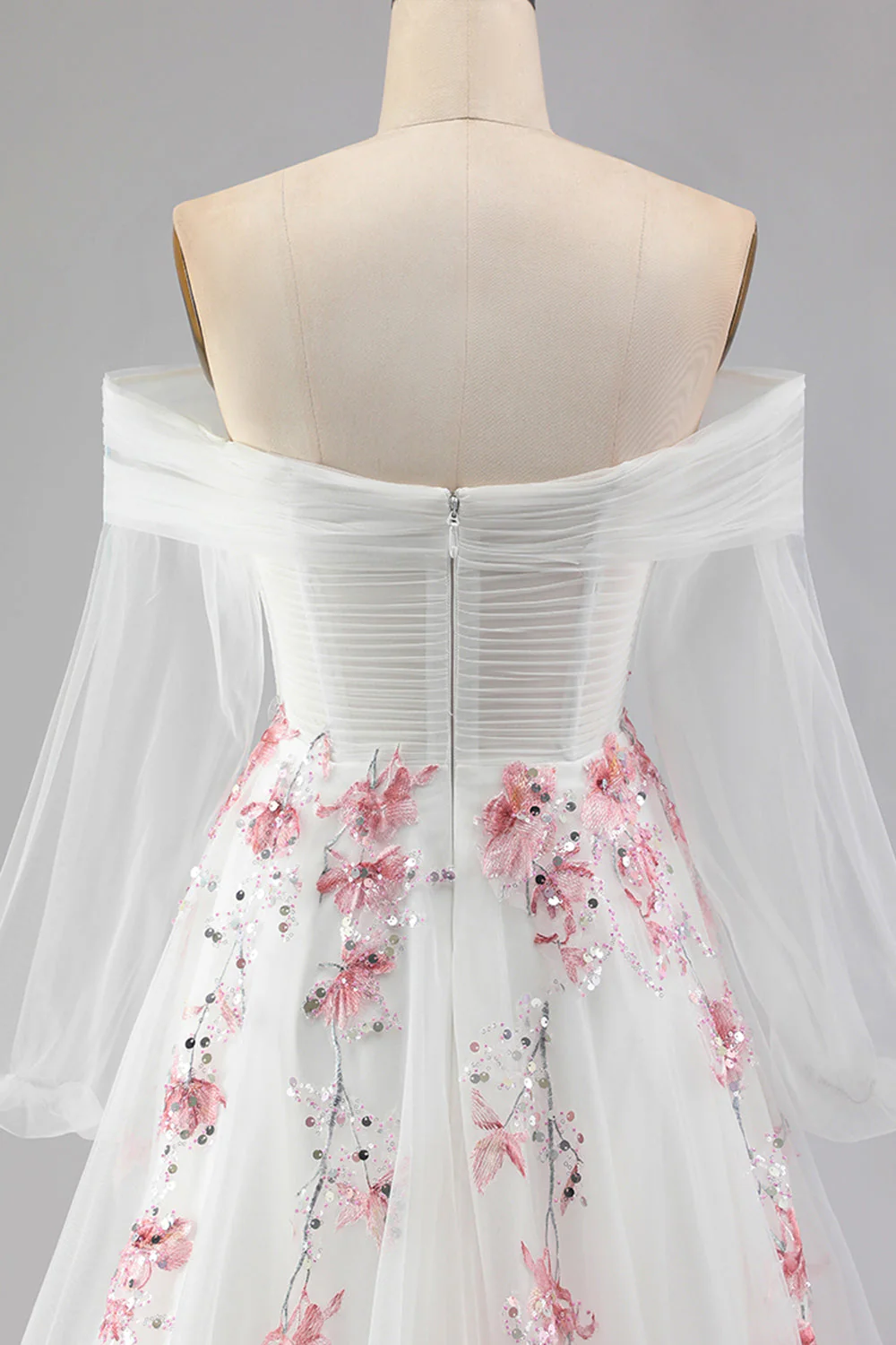 Off The Shoulder White A-Line Embroidered Tulle Long Prom Dress with Sequins - Image 5