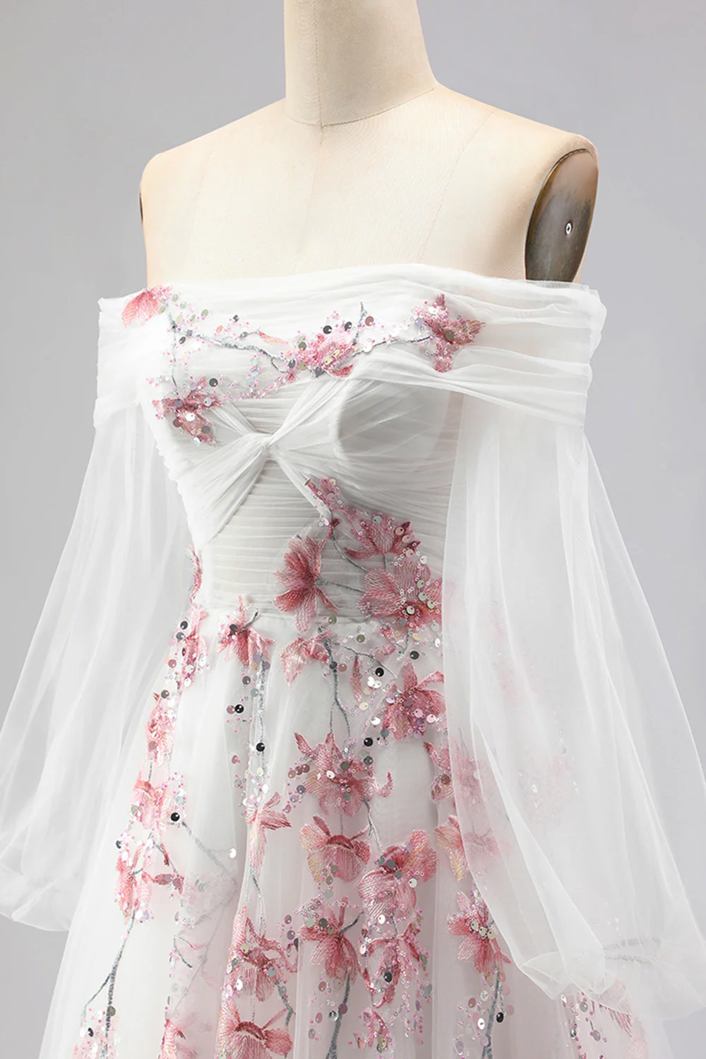 Off The Shoulder White A-Line Embroidered Tulle Long Prom Dress with Sequins - Image 6