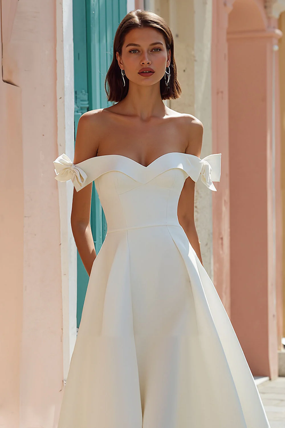 Off The Shoulder White A Line Midi Wedding Dress - Image 3