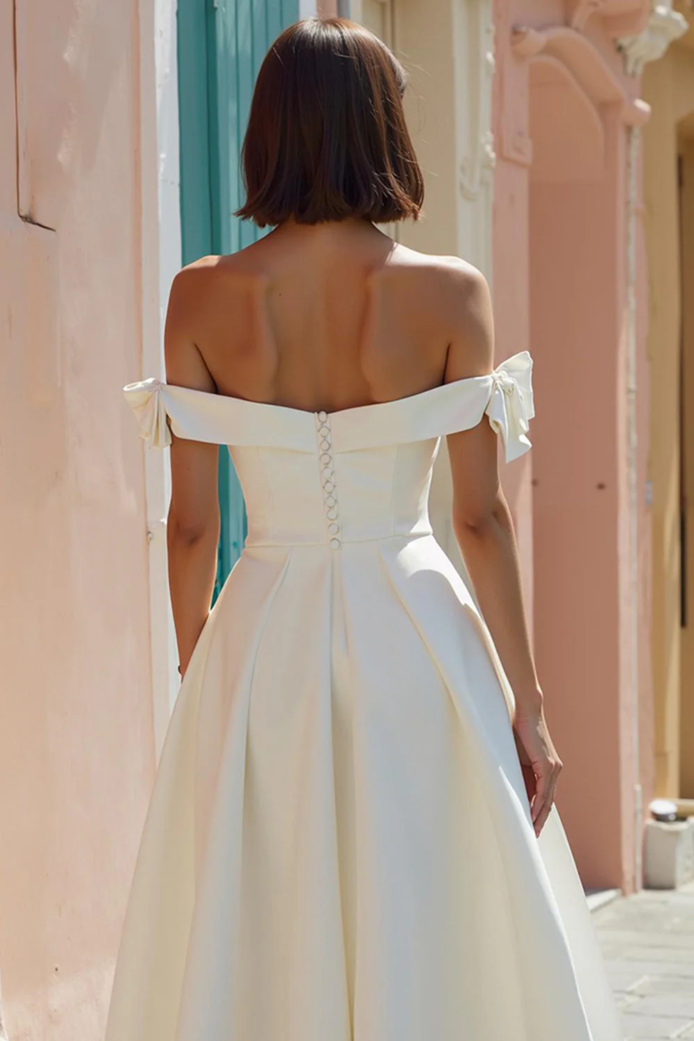 Off The Shoulder White A Line Midi Wedding Dress - Image 4