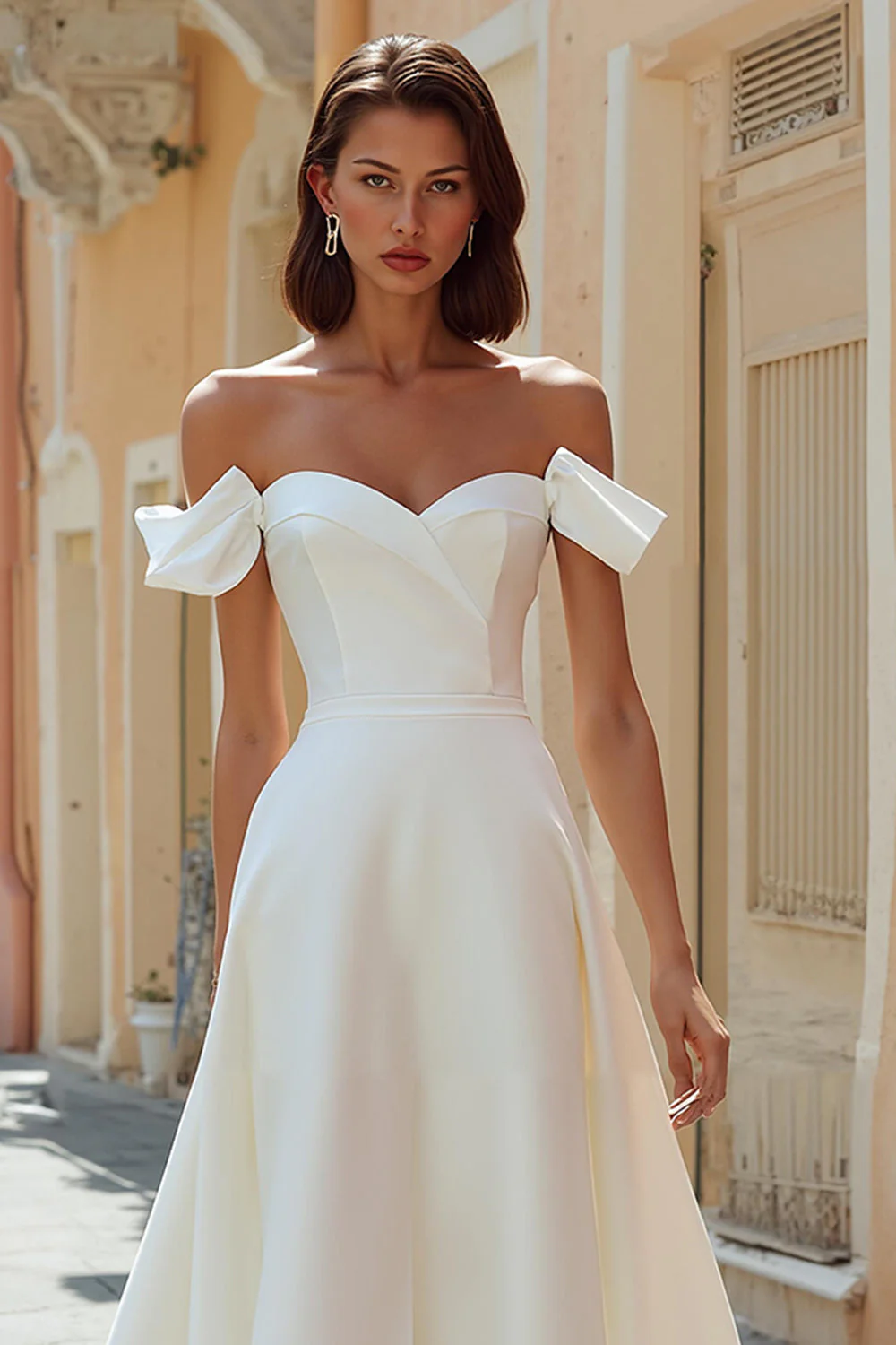 Off the Shoulder White A Line Satin Midi Wedding Dress - Image 3