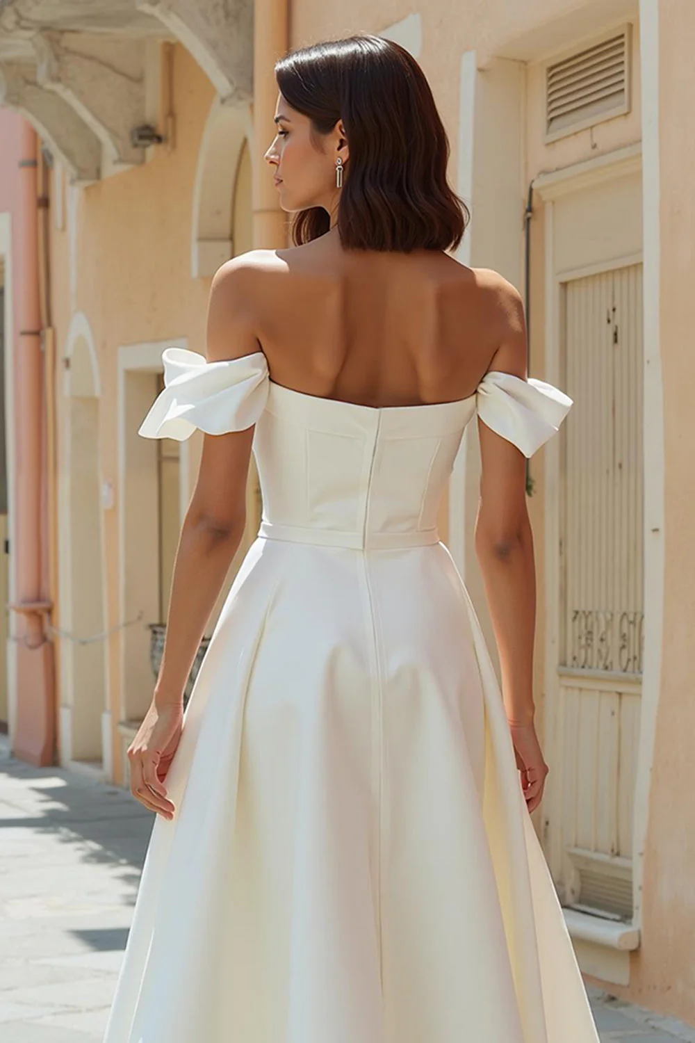 Off the Shoulder White A Line Satin Midi Wedding Dress - Image 4